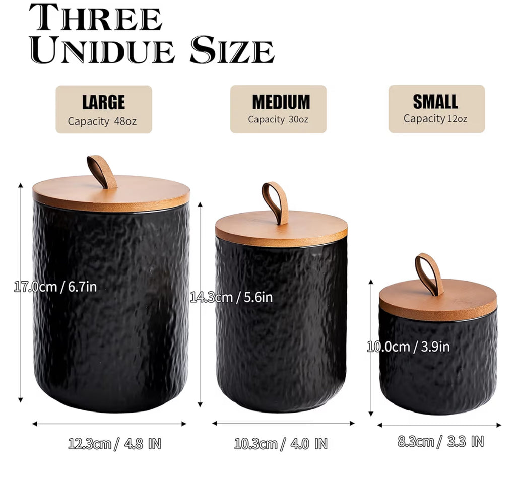 JOJUNO Black Ceramic Canister Set With Wooden Lid, 3-Piece Airtight Food Storage Jars For Kitchen Counter - Flour, Sugar, Coffee, Tea, Spice - Small, Medium, Large Sizes - Stone Texture
