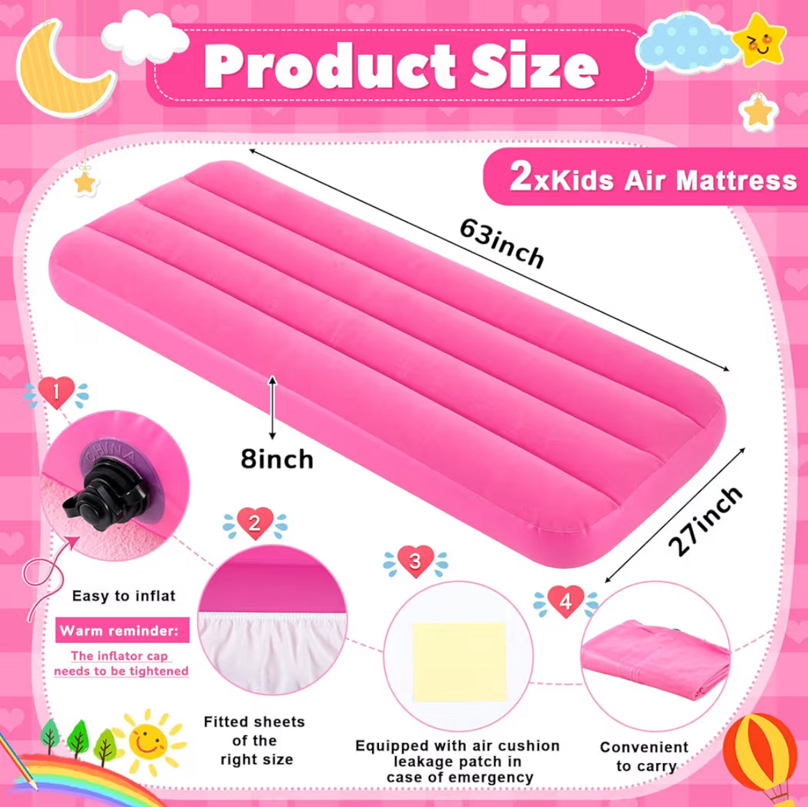 Windyun 2 Sets Kids Air Mattress Bulk With Fitted Sheet,Toddler Inflatable Bed 63 X 27 X 8 Inches Blow Up Airbed Camping Sleeping Pad For Aged 3-10 Years Old Birthdays Slumber Sleepover Party (White)