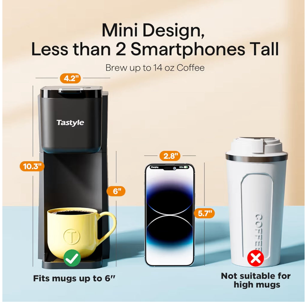 Tastyle Mini Hot And Iced Coffee Maker Single Serve, For K Cup And Ground, 6 To 14 Oz Brew Sizes, With Recipe Book, For Home, Travel, RV, Office And Dorm,Classic Black (2.0 Version)