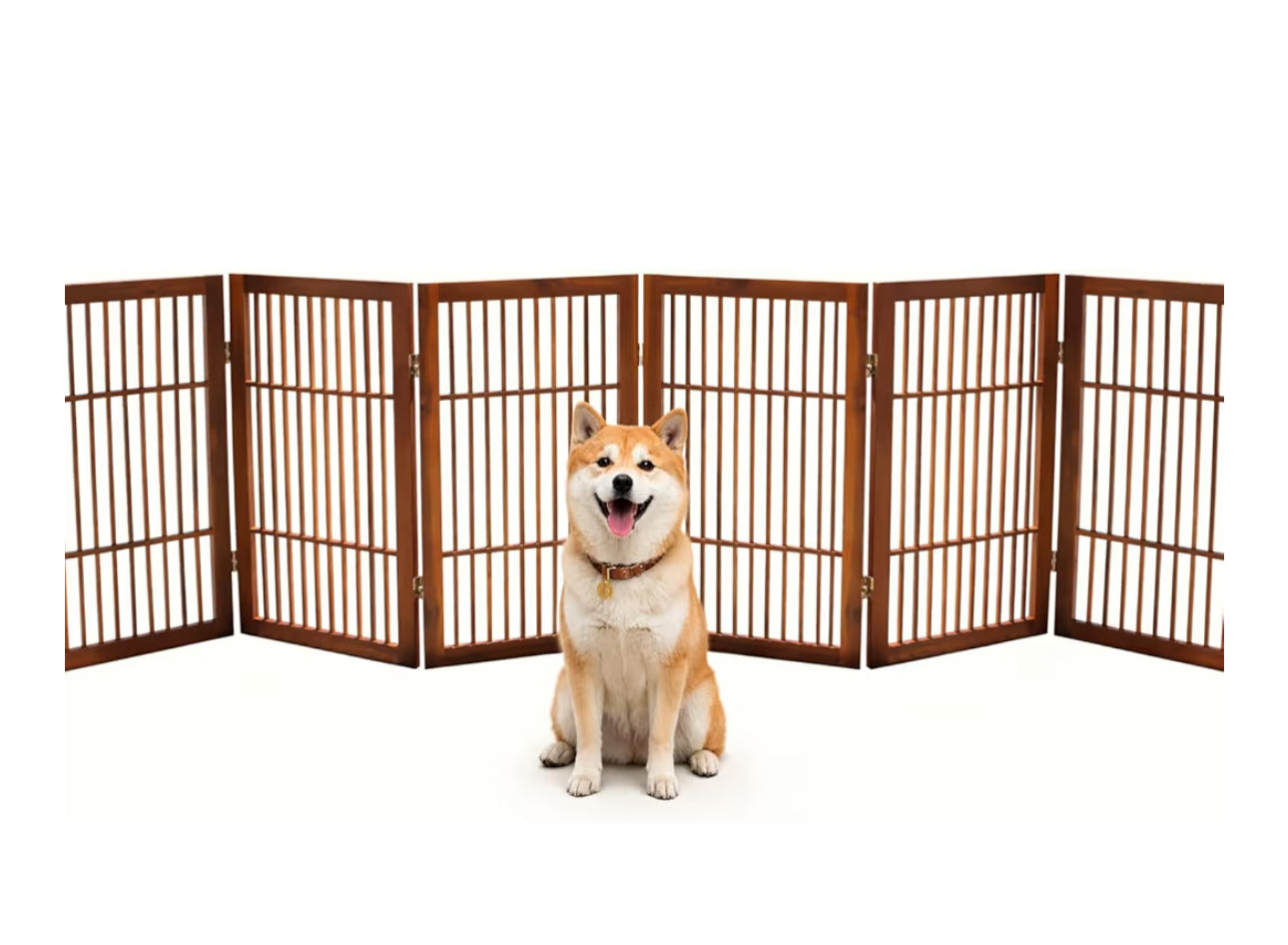 Urnporium Pet Dog Gate Freestanding, Strong Durable Folding Wooden Fence, Portable Acacia Hardwood Safety Barrier For Indoor & Outdoor Use (Brown Pet Gate, 6 Panel 30" Tall)