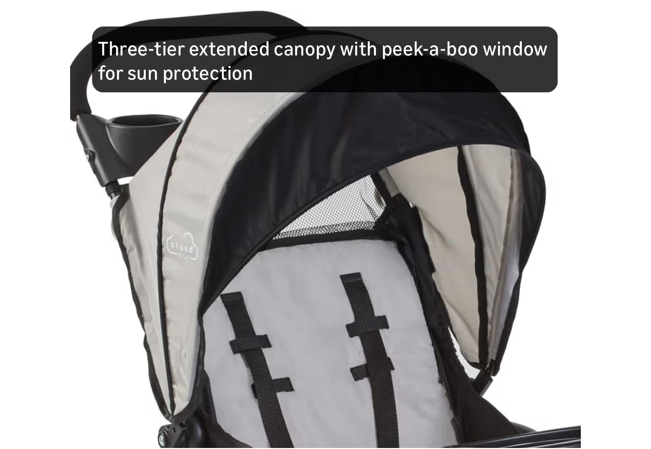 Kolcraft Cloud Plus Lightweight Umbrella Stroller For Toddlers With Reclining Seat, Large Storage Basket, Canopy, Infant & Parent Trays, Compact Fold For Summer Travel, Durable Frame, Slate Gray