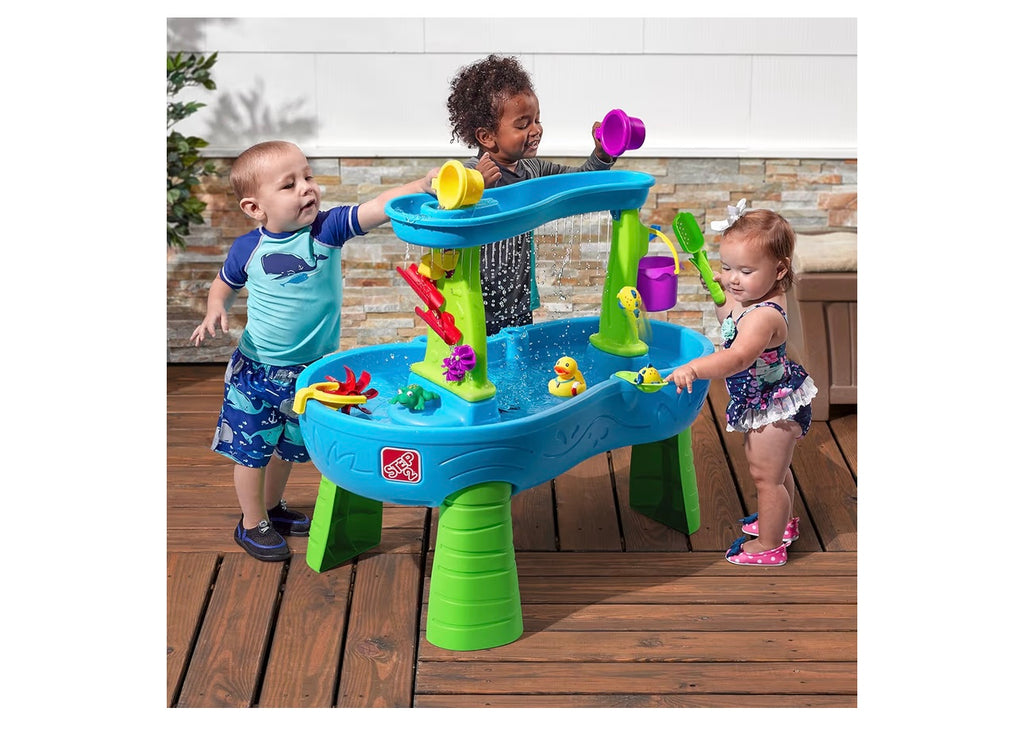 Step2 Rain Showers Splash Pond Water Table, Kids Water and Sand Activity Sensory Playset, Summer Outdoor Toys, 13 Piece Water Toy Accessories, For Toddlers 1.5+ Years Old, Blue & Green