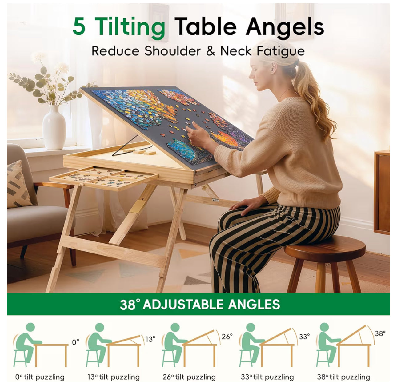 TEAKMAMA Puzzle Table 27.6" Tall 1500 Piece Puzzle Board With Drawers, 34.2" X 26.3" Adjustable 5-Tilting-Angle Jigsaw Table With Legs, Jigsaw Board For Adults, Nature