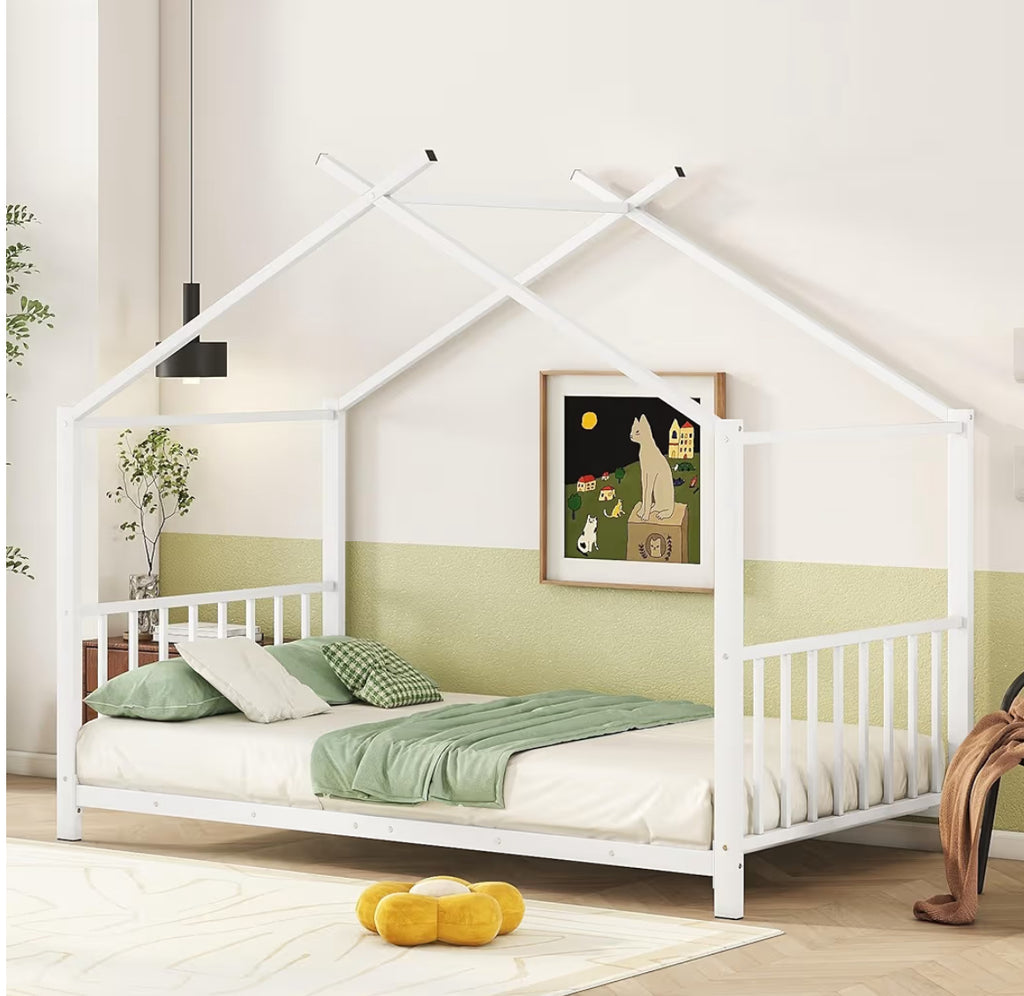 Twin Size Kids Montessori Floor Bed,Houe Bed Frame with High Headboard,Twin Floor Bed with Roof for Boys Girls,Floor Bed Metal Frame (White)