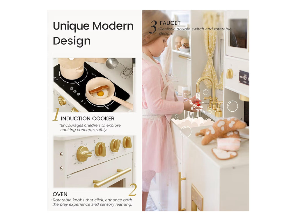 Tiny Land® Iconic Wooden Play Kitchen – Cream Pretend Cooking Set For Kids