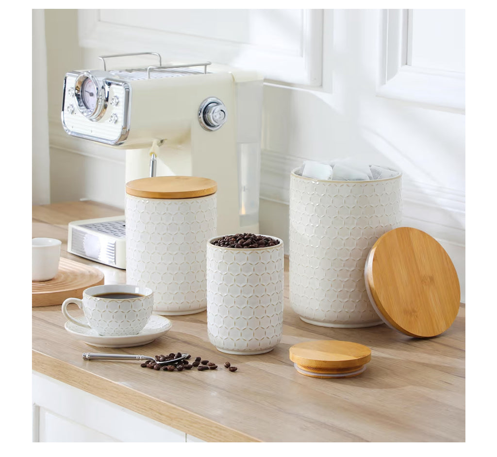 MALACASA LYDIA Ceramic Canisters Set With Airtight Lids, 80/40/20 Oz Coffee Canisters Sets For The Kitchen, Large Jars For Flour, Sugar, Pasta, Coffee, Cookies, Tea - Set Of 3, Hexagon