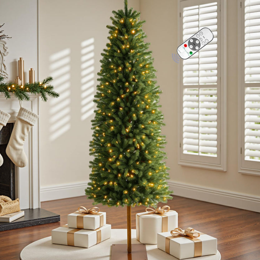 6ft Pre- Pencil Christmas Tree Spruce With Remote Control, 250 Warm White Multi-Color Lights, Artificial Hinged/Slim/Skinny/Feel Real/Realistic For Home, Holiday Decoration Dual Color LED