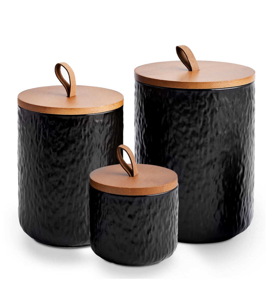 JOJUNO Black Ceramic Canister Set With Wooden Lid, 3-Piece Airtight Food Storage Jars For Kitchen Counter - Flour, Sugar, Coffee, Tea, Spice - Small, Medium, Large Sizes - Stone Texture