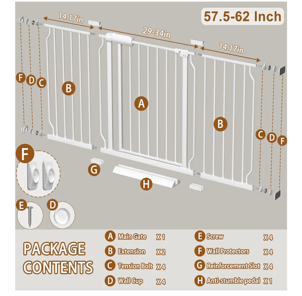 Fairy Baby Extra Wide Baby Gate For Doorways Auto Close Safety Gates For Bedroom, Fits 57.5 Inch To 62 Inch With Pressure Mounted Extention Kit, White