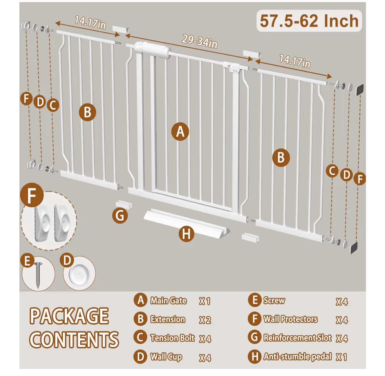 Fairy Baby Extra Wide Baby Gate For Doorways Auto Close Safety Gates For Bedroom, Fits 57.5 Inch To 62 Inch With Pressure Mounted Extention Kit, White