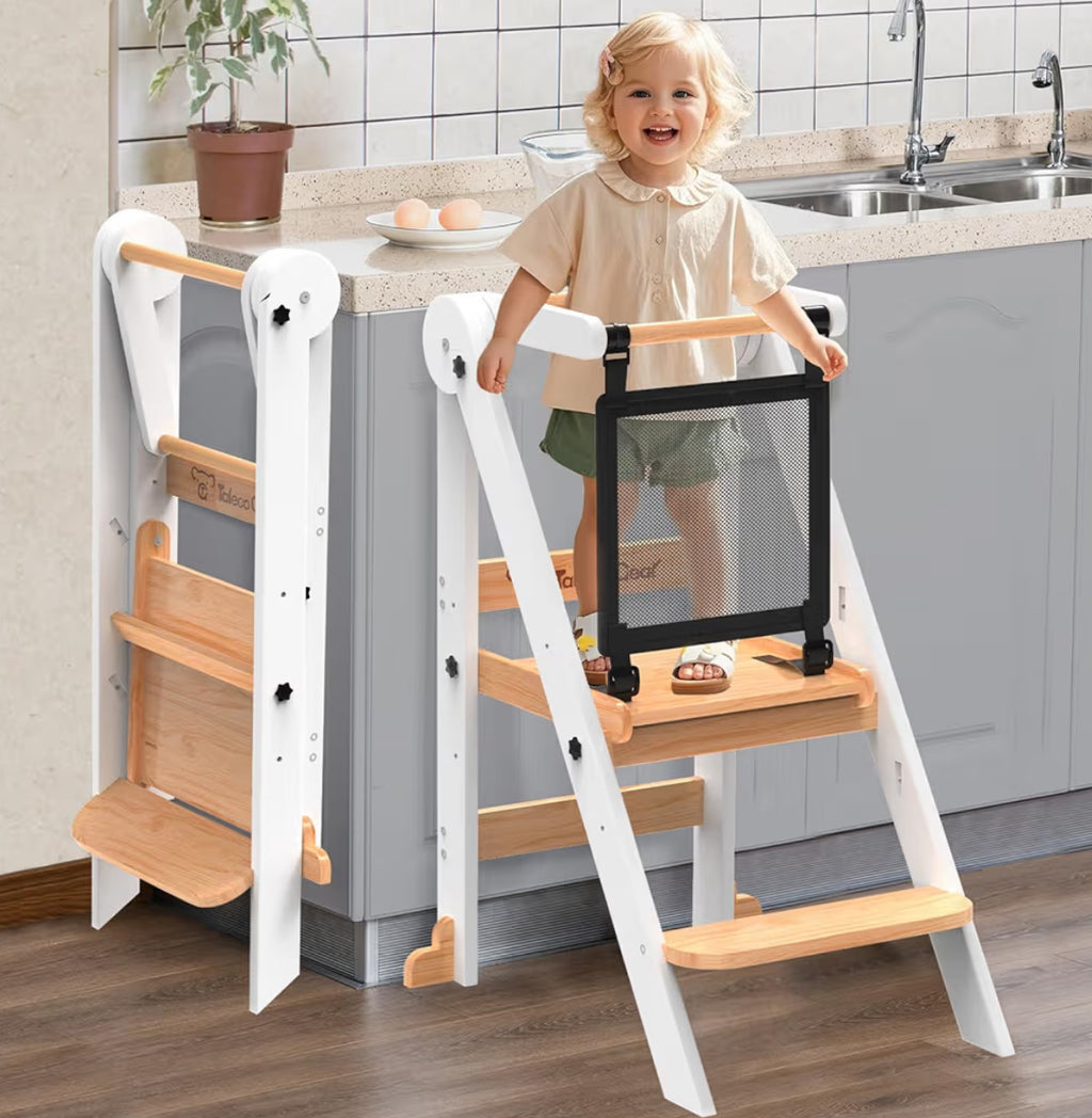 Foldable Toddler Tower, Toddler Kitchen Stool Helper With Safety Net, Wooden Kitchen Step Stool For Toddlers With Adjustable Height, Standing Tower For Learning And Cooking(White)