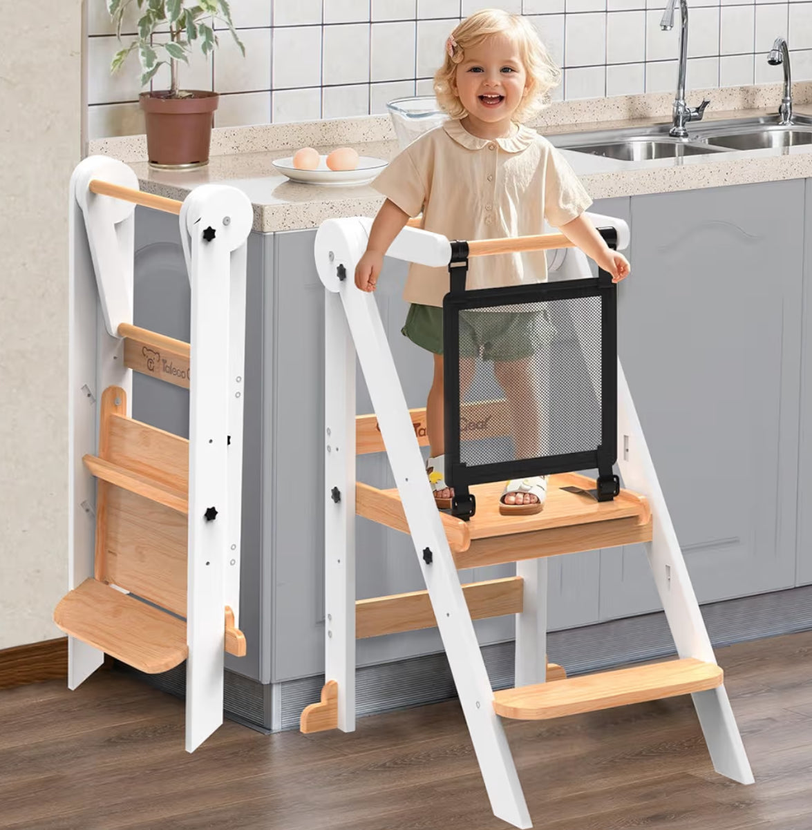 Foldable Toddler Tower, Toddler Kitchen Stool Helper With Safety Net, Wooden Kitchen Step Stool For Toddlers With Adjustable Height, Standing Tower For Learning And Cooking(White)
