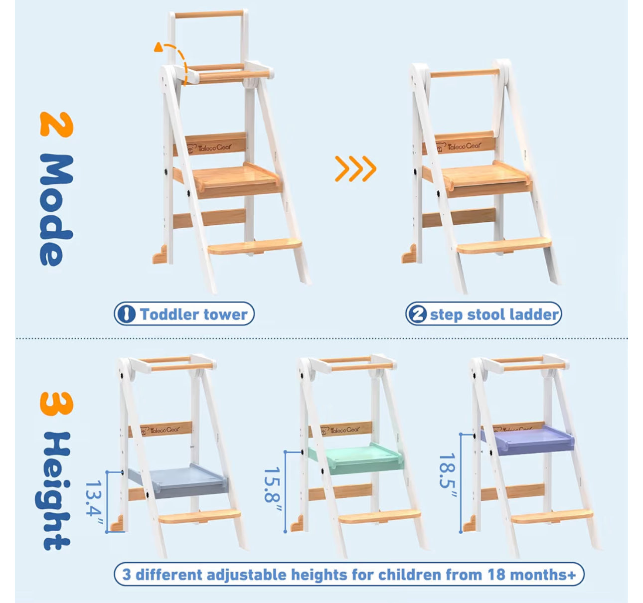 Foldable Toddler Tower, Toddler Kitchen Stool Helper With Safety Net, Wooden Kitchen Step Stool For Toddlers With Adjustable Height, Standing Tower For Learning And Cooking(White)