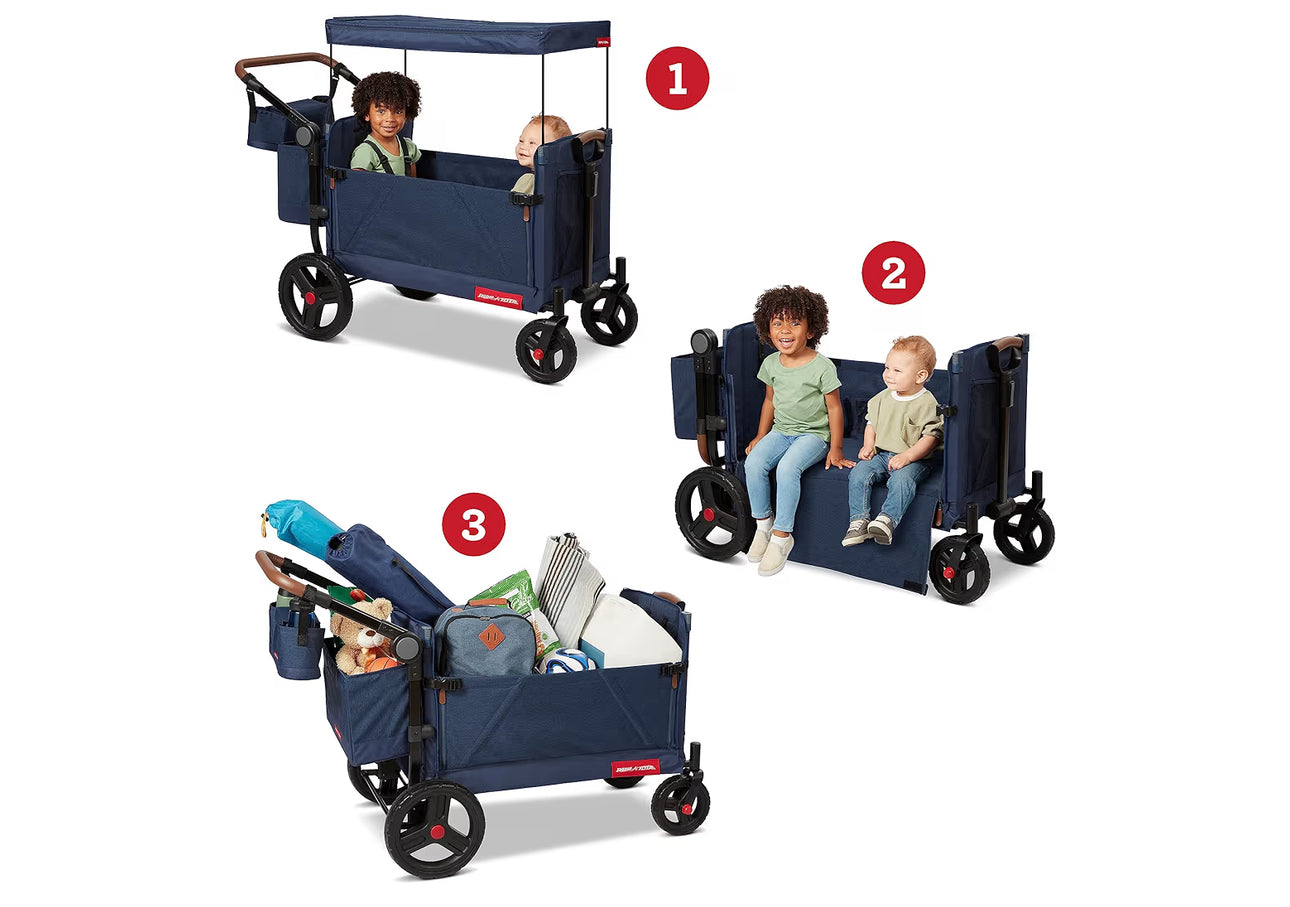 Radio Flyer Atlas Stroll ’N Wagon, Navy Blue, for Ages 1+, 3-in-1 Push or Pull Versatility, One-Hand Fold, UV Canopy, 5-Point Harnesses, Storage Capabilities, Rubber Wheels, Stroller Wagon for Kids