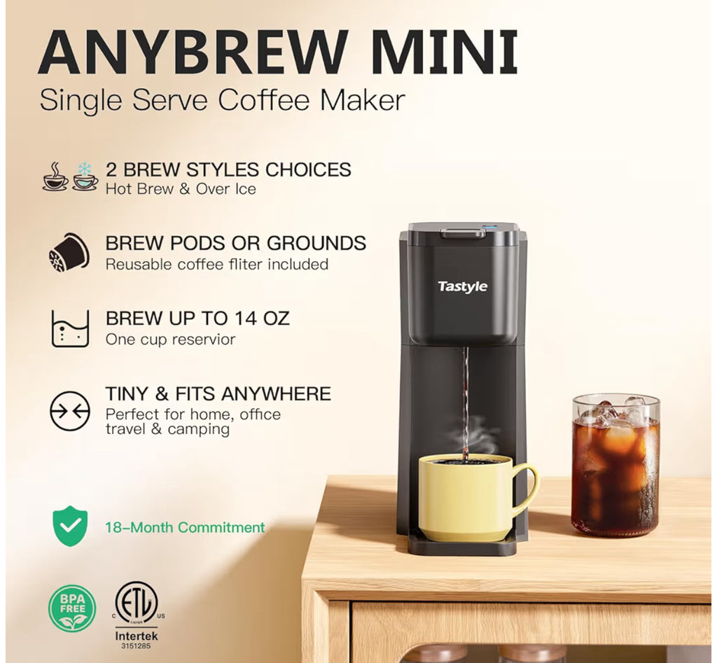 Tastyle Mini Hot And Iced Coffee Maker Single Serve, For K Cup And Ground, 6 To 14 Oz Brew Sizes, With Recipe Book, For Home, Travel, RV, Office And Dorm,Classic Black (2.0 Version)