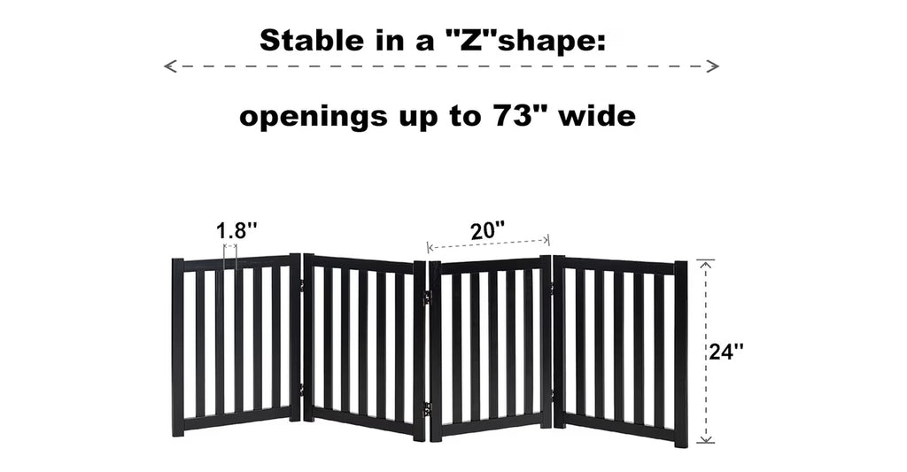 LZRS 4-Panel Wooden Free Standing Foldable Dog Gate Indoor – 24" High, Extra Wide Step-Over Safety Pet Gate For Doorways, Stairs, Hallways, Large Spaces & Playpen For Puppies Indoor Use, Black