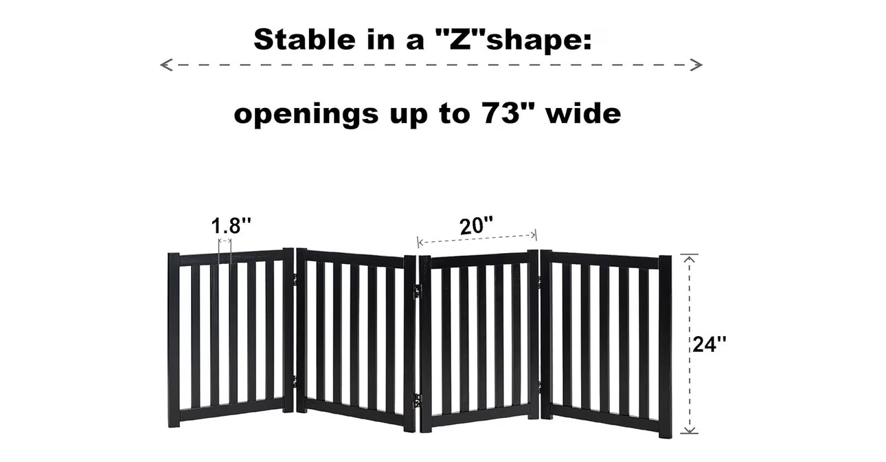 LZRS 4-Panel Wooden Free Standing Foldable Dog Gate Indoor – 24" High, Extra Wide Step-Over Safety Pet Gate For Doorways, Stairs, Hallways, Large Spaces & Playpen For Puppies Indoor Use, Black