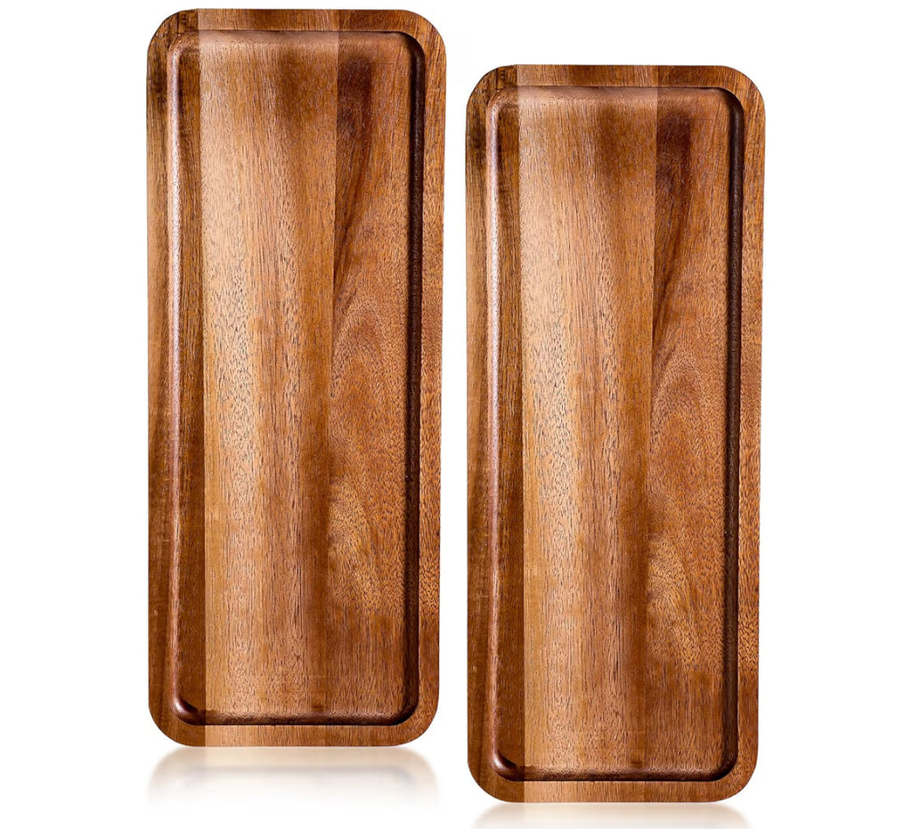 BIEOFFEI Small Charcuterie Boards Rectangular Long Wooden Platters Acacia Wood Serving Tray 2 Pcs Wooden Tray Kitchen Charcuterie Platter For Food Cookie Dessert Fruit Snack, 14" X 5.5" X 0.6"