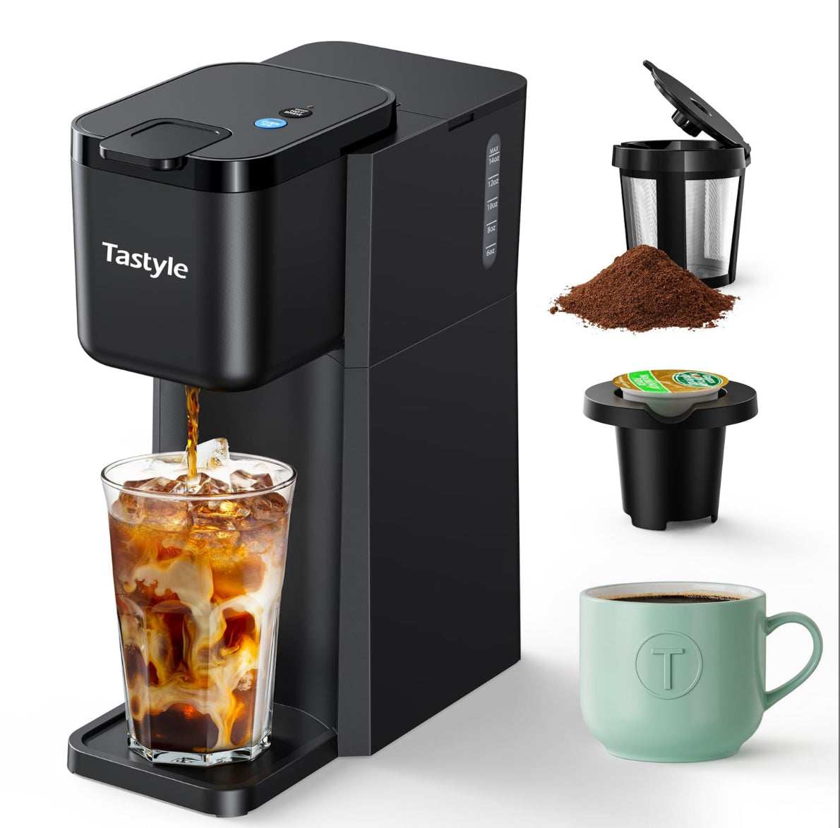 Tastyle Mini Hot And Iced Coffee Maker Single Serve, For K Cup And Ground, 6 To 14 Oz Brew Sizes, With Recipe Book, For Home, Travel, RV, Office And Dorm,Classic Black (2.0 Version)