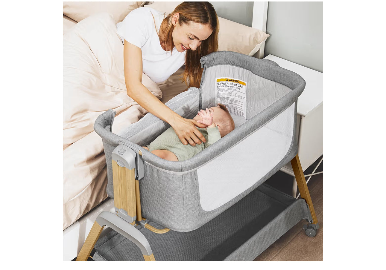 Jimglo 3 In 1 Baby Bassinet, Rocking Bassinets With Comfy Mattress And Wheels, Adjustable Height Bassinet Bedside Sleeper, Easy Folding Portable Crib For Newborn (Grey)