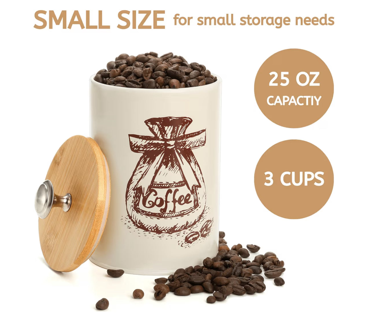 Youeon Small Canister Sets For Kitchen Counter, 25 Oz Coffee Sugar Tea Canister Set, Metal Vintage Kitchen Container 3 Pack, Food Storage Containers With Bamboo Lid, Farmhouse Decor, Beige