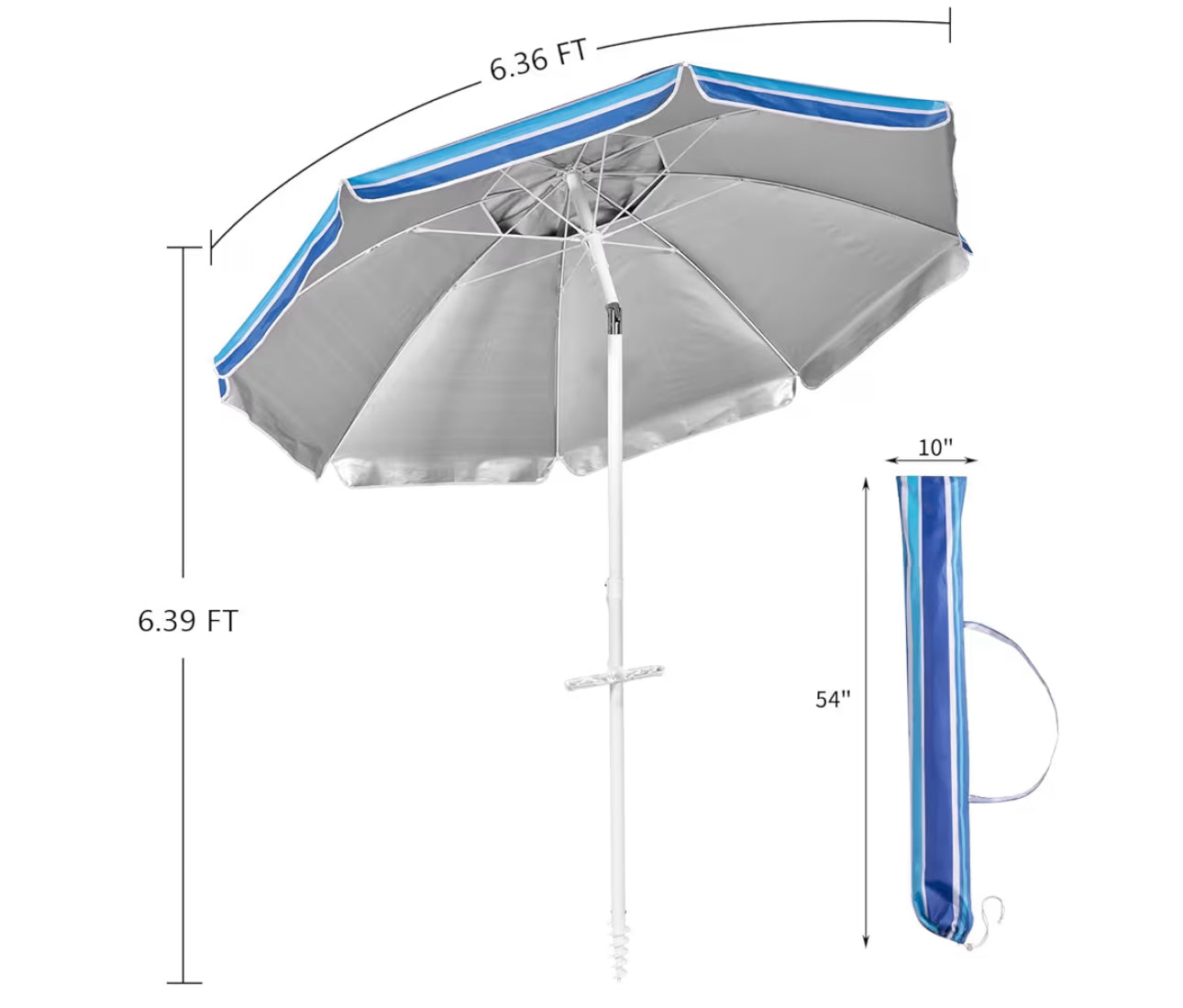 Aoxun 6.5ft Beach Umbrella With Tilt Pole, Portable Sand Anchor And Carry Bag, UPF 50+ Sun Shelter Air Vents Design For Outdoor Activities (Navy Blue & White)
