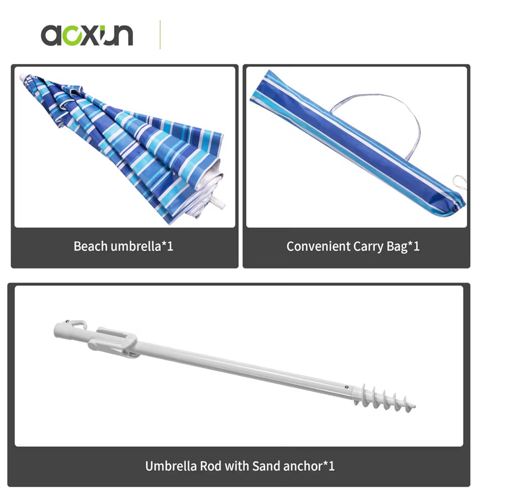 Aoxun 6.5ft Beach Umbrella With Tilt Pole, Portable Sand Anchor And Carry Bag, UPF 50+ Sun Shelter Air Vents Design For Outdoor Activities (Navy Blue & White)