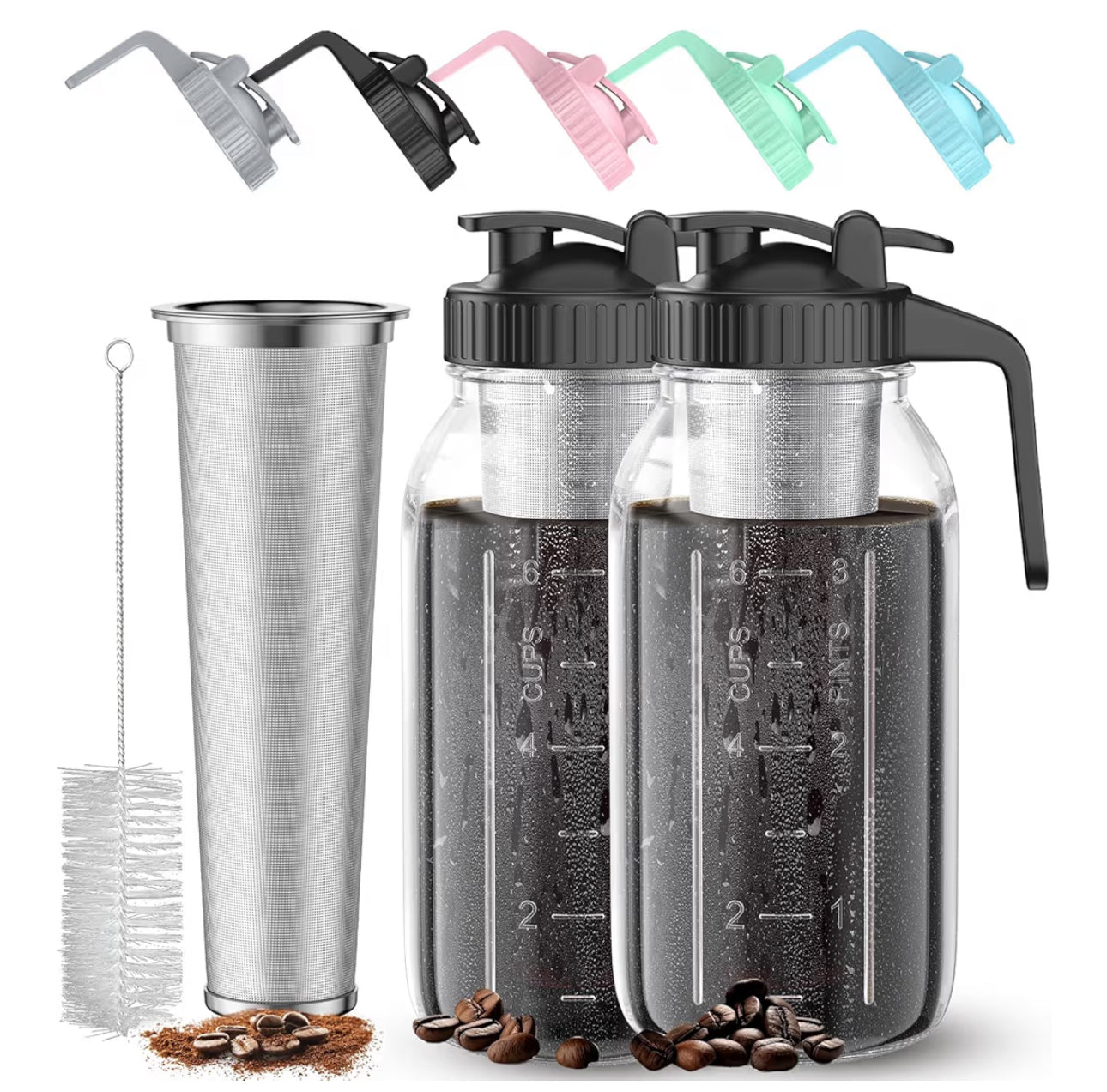2 Pack 64 Oz Cold Brew Coffee Maker Jar - Thick Glass Cold Brew Maker With Handle, Stainless Steel Filter & Leak-Proof Lid, Cold Brew Pitcher For Iced Coffee,Tea And Milk (2 Quart / 1.9 Liter)
