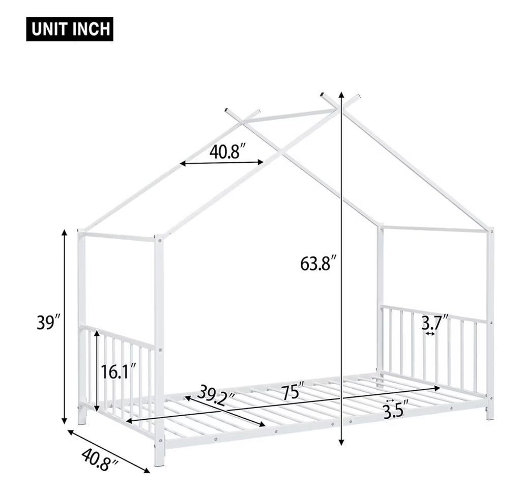 Twin Size Kids Montessori Floor Bed,Houe Bed Frame with High Headboard,Twin Floor Bed with Roof for Boys Girls,Floor Bed Metal Frame (White)