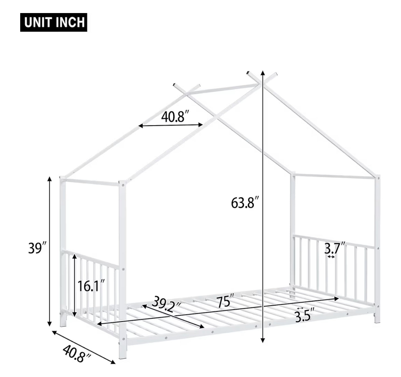 Twin Size Kids Montessori Floor Bed,Houe Bed Frame with High Headboard,Twin Floor Bed with Roof for Boys Girls,Floor Bed Metal Frame (White)