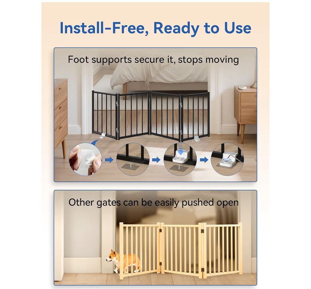 BFNN Metal Short Dog Gate, 16.5" High To Step-Over, Free Standing Foldable Pet Gate, Up To 72" Wide Puppy Fence For Stairs And Doorways, Indoor & Outdoor Use, No Drilling And No Assembly, Black