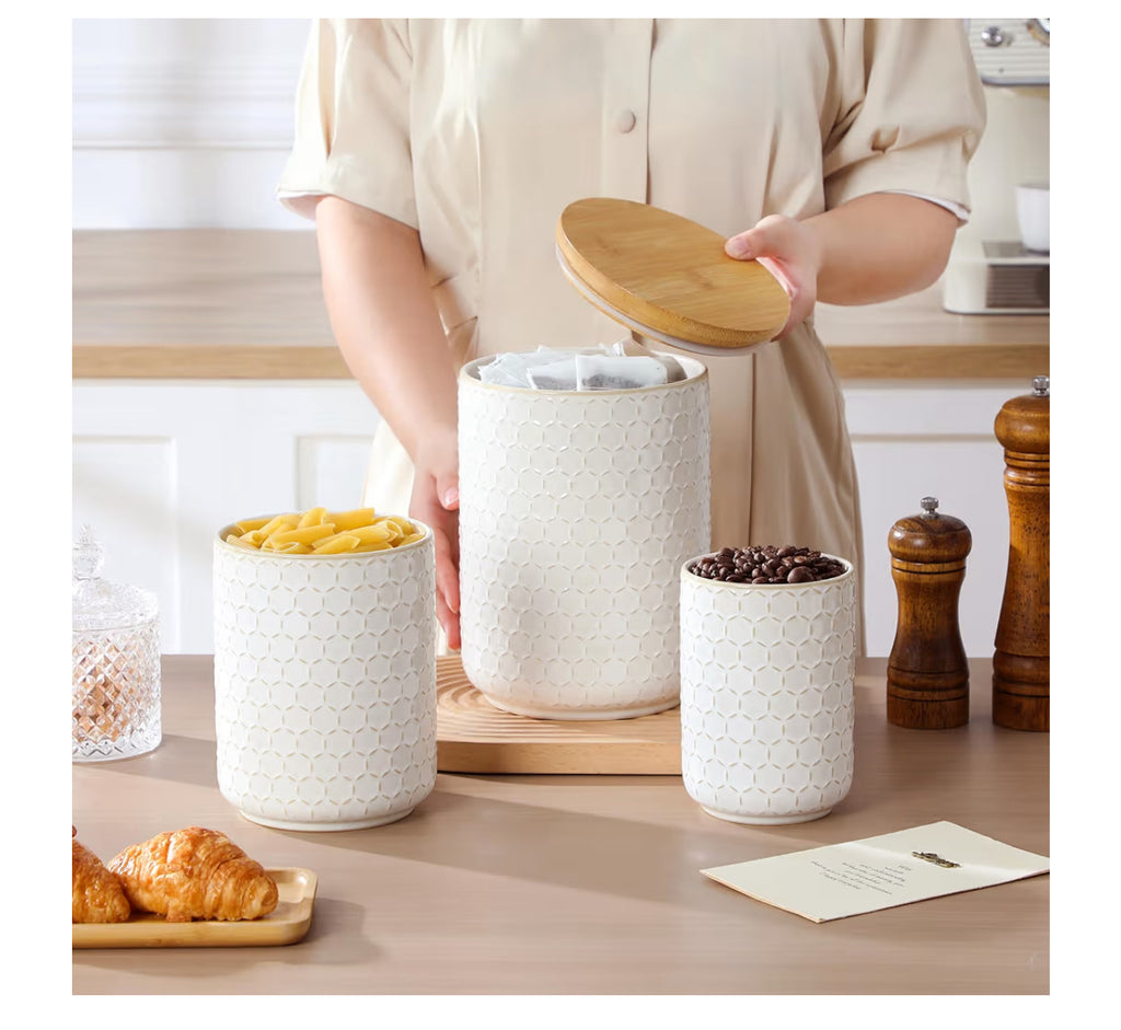 MALACASA LYDIA Ceramic Canisters Set With Airtight Lids, 80/40/20 Oz Coffee Canisters Sets For The Kitchen, Large Jars For Flour, Sugar, Pasta, Coffee, Cookies, Tea - Set Of 3, Hexagon