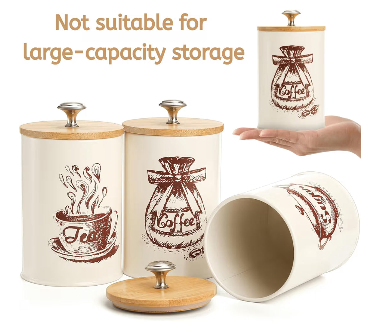 Youeon Small Canister Sets For Kitchen Counter, 25 Oz Coffee Sugar Tea Canister Set, Metal Vintage Kitchen Container 3 Pack, Food Storage Containers With Bamboo Lid, Farmhouse Decor, Beige