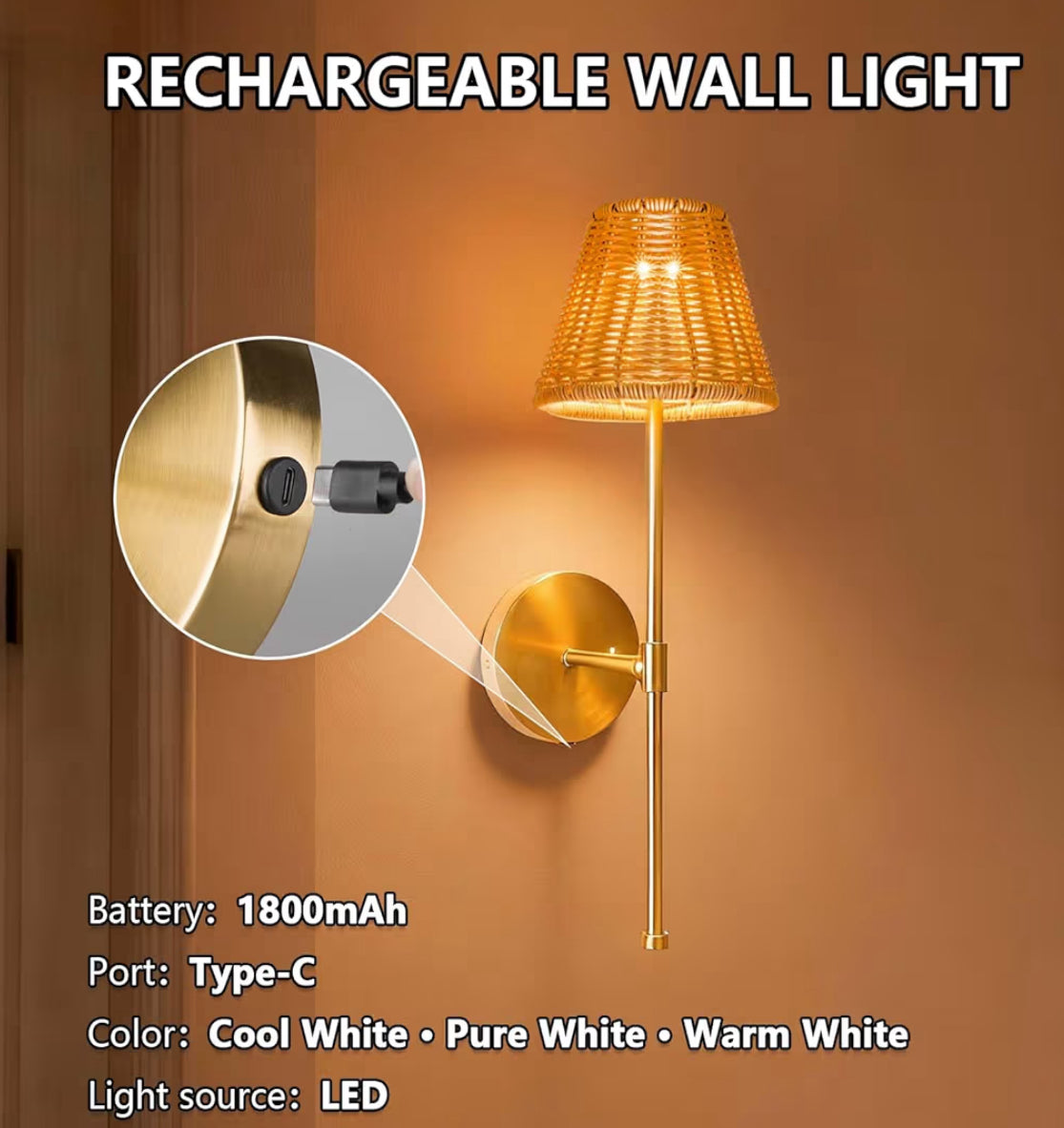 Dimmable Rechargeable Wall Sconce, Battery Operated Wall Light With 3 Color Temperatures & Touch Control, No Wiring Needed, Hand Woven Boho Rattan Lamps Set Of 2 For Living Room, Bedroom (Rattan)