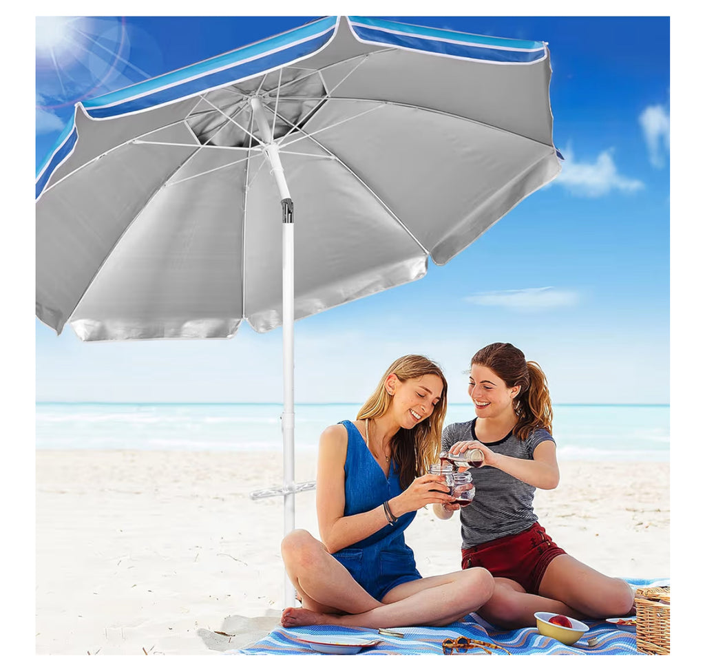 Aoxun 6.5ft Beach Umbrella With Tilt Pole, Portable Sand Anchor And Carry Bag, UPF 50+ Sun Shelter Air Vents Design For Outdoor Activities (Navy Blue & White)