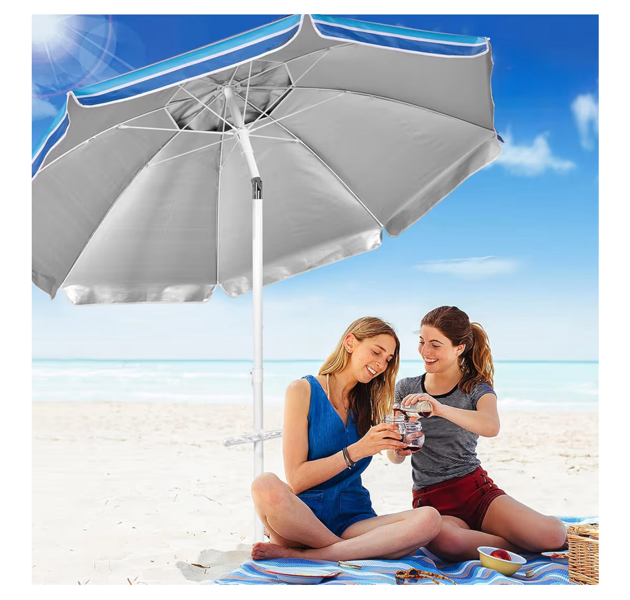 Aoxun 6.5ft Beach Umbrella With Tilt Pole, Portable Sand Anchor And Carry Bag, UPF 50+ Sun Shelter Air Vents Design For Outdoor Activities (Navy Blue & White)