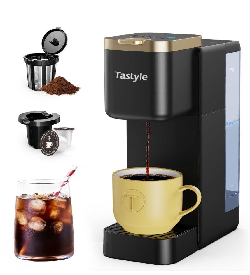 Tastyle Single Serve Coffee Maker, Iced And Hot Coffee Machine For K Cup & Grounds, Compact Design, 40oz Removable Water Reservoir, 6 To 24 Oz Brew Sizes, Fits 7.3" Travel Mug, Black+Gold