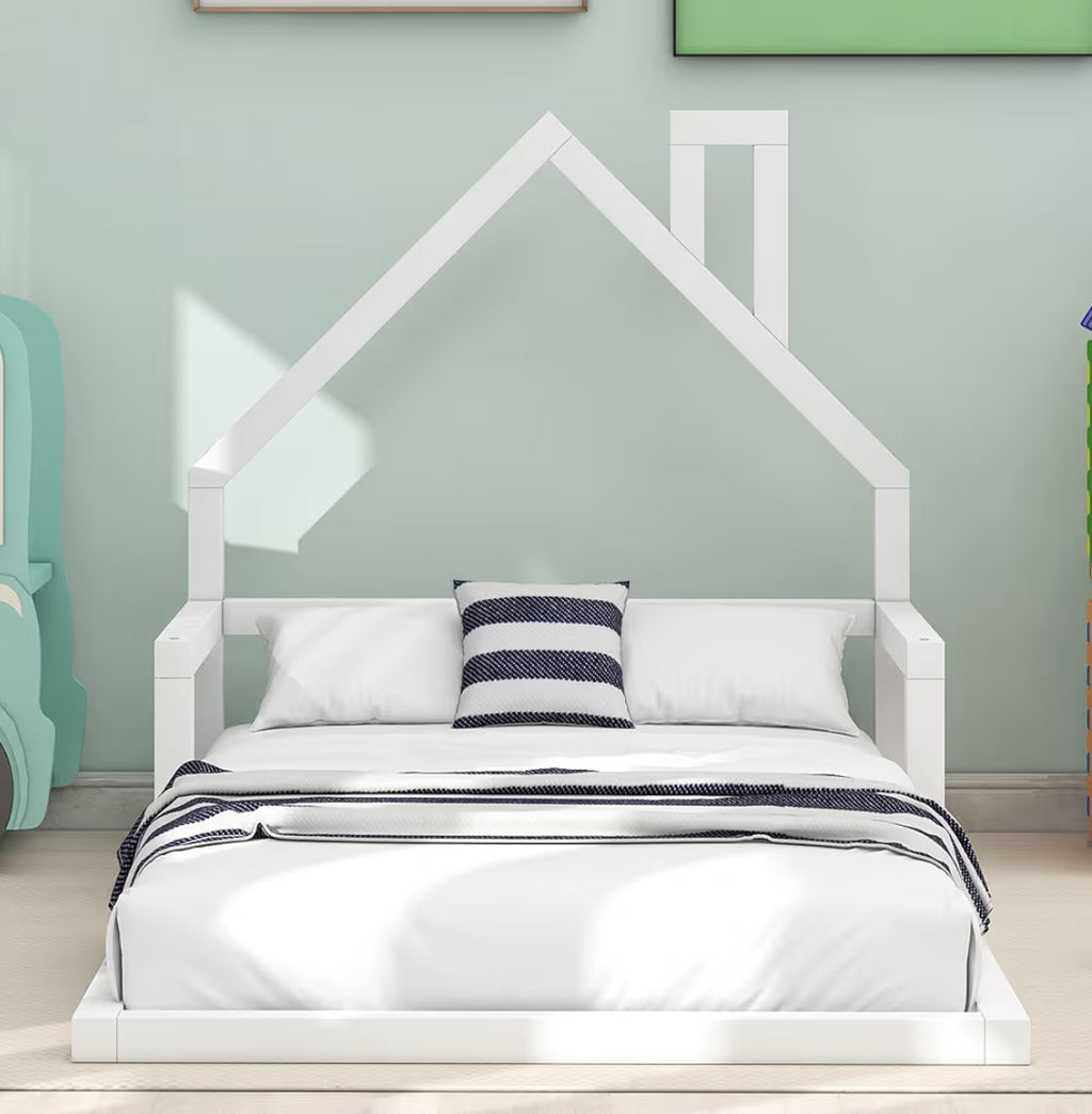 Twin Size Simple Floor Bed with House-Shaped Headboard,Wood Grounded Bed Frame,w/Slat Support,No Box Spring Required,for Kids Teens Girls Boys Bedroom,White
