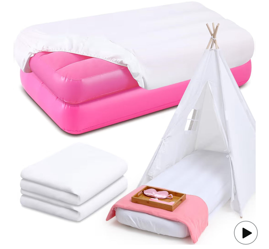 Windyun 2 Sets Kids Air Mattress Bulk With Fitted Sheet,Toddler Inflatable Bed 63 X 27 X 8 Inches Blow Up Airbed Camping Sleeping Pad For Aged 3-10 Years Old Birthdays Slumber Sleepover Party (White)