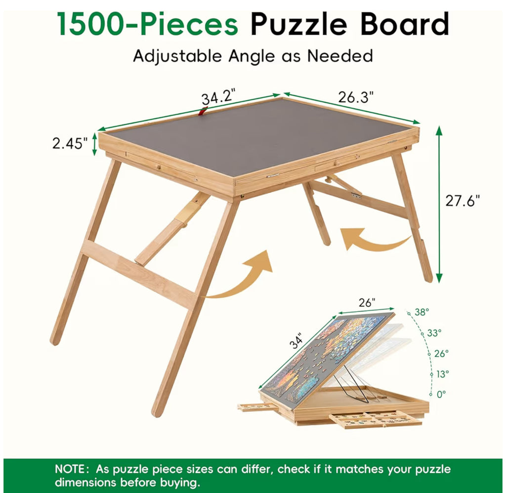 TEAKMAMA Puzzle Table 27.6" Tall 1500 Piece Puzzle Board With Drawers, 34.2" X 26.3" Adjustable 5-Tilting-Angle Jigsaw Table With Legs, Jigsaw Board For Adults, Nature