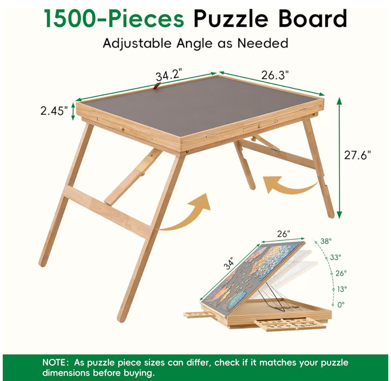 TEAKMAMA Puzzle Table 27.6" Tall 1500 Piece Puzzle Board With Drawers, 34.2" X 26.3" Adjustable 5-Tilting-Angle Jigsaw Table With Legs, Jigsaw Board For Adults, Nature