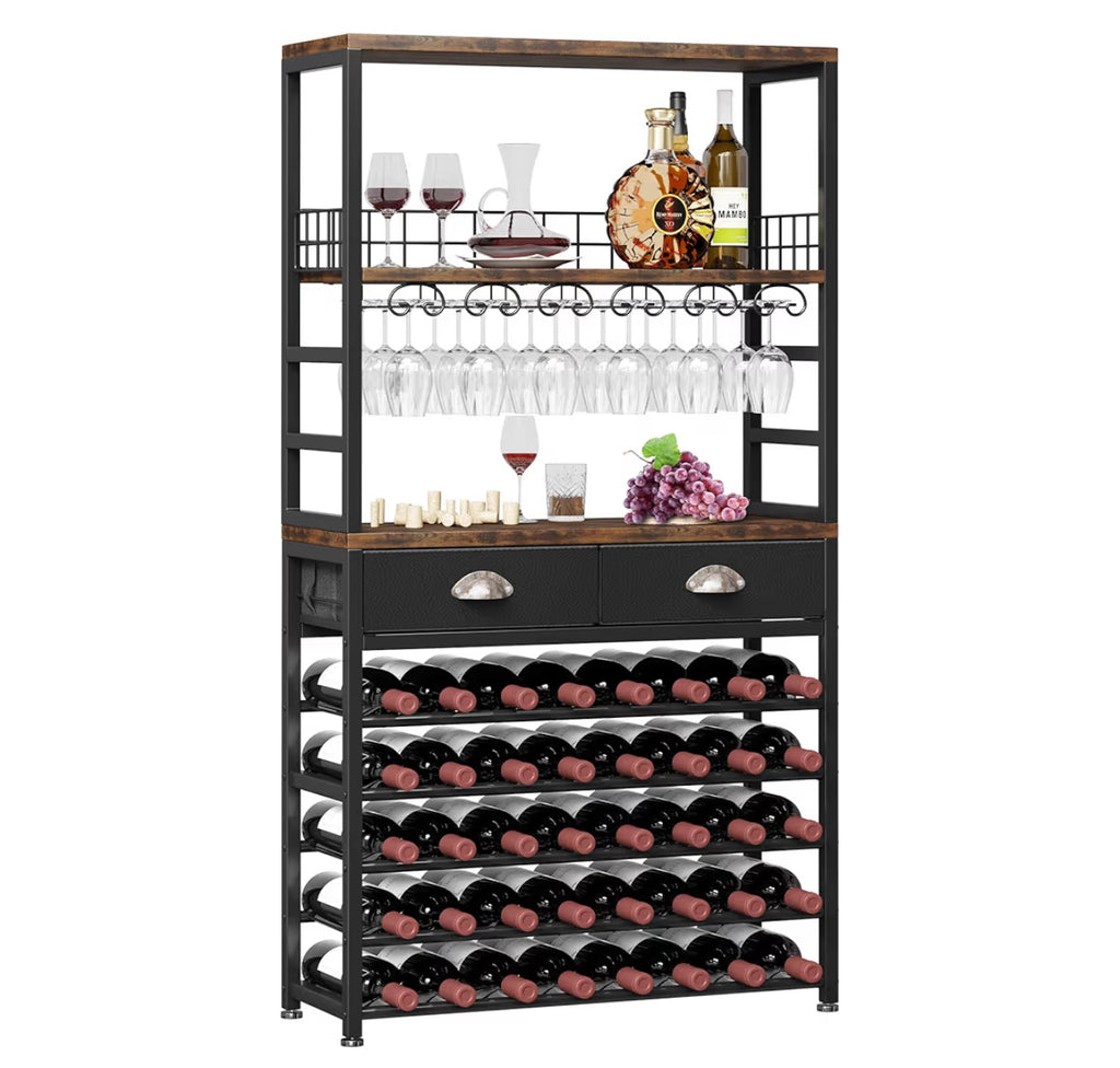 Homeiju Wine Cabinet With Storage, Wine Rack Freestanding Floor, 6-Tier With Tabletop, Drawer And Wine Storage For Home Bars