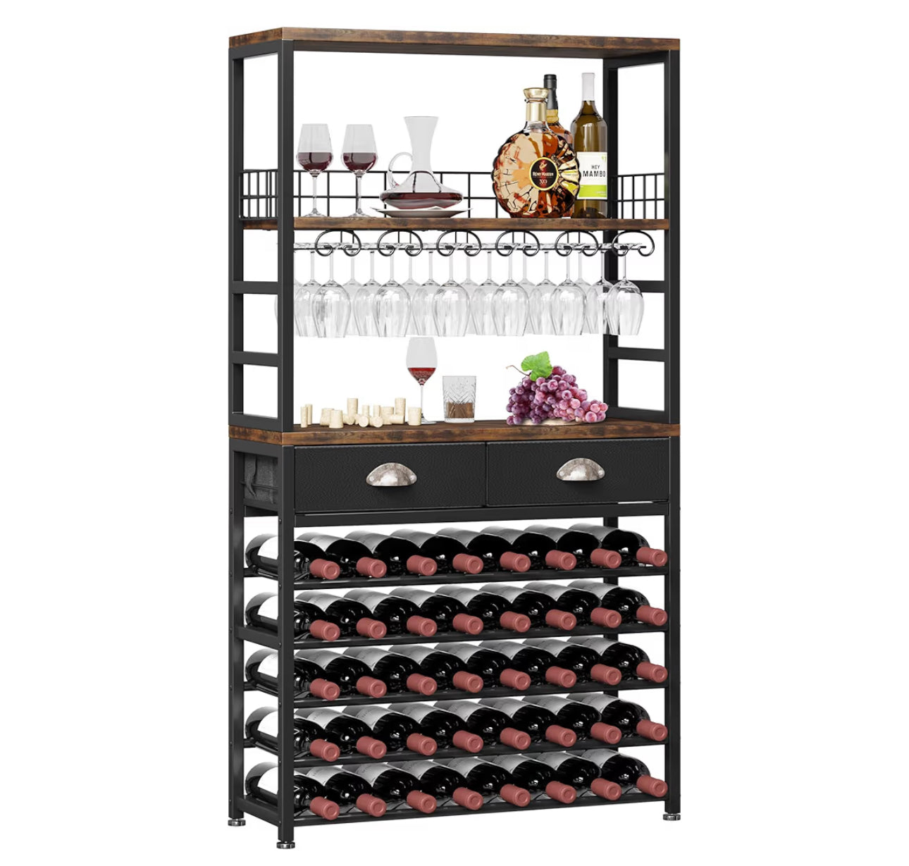 Homeiju Wine Cabinet With Storage, Wine Rack Freestanding Floor, 6-Tier With Tabletop, Drawer And Wine Storage For Home Bars