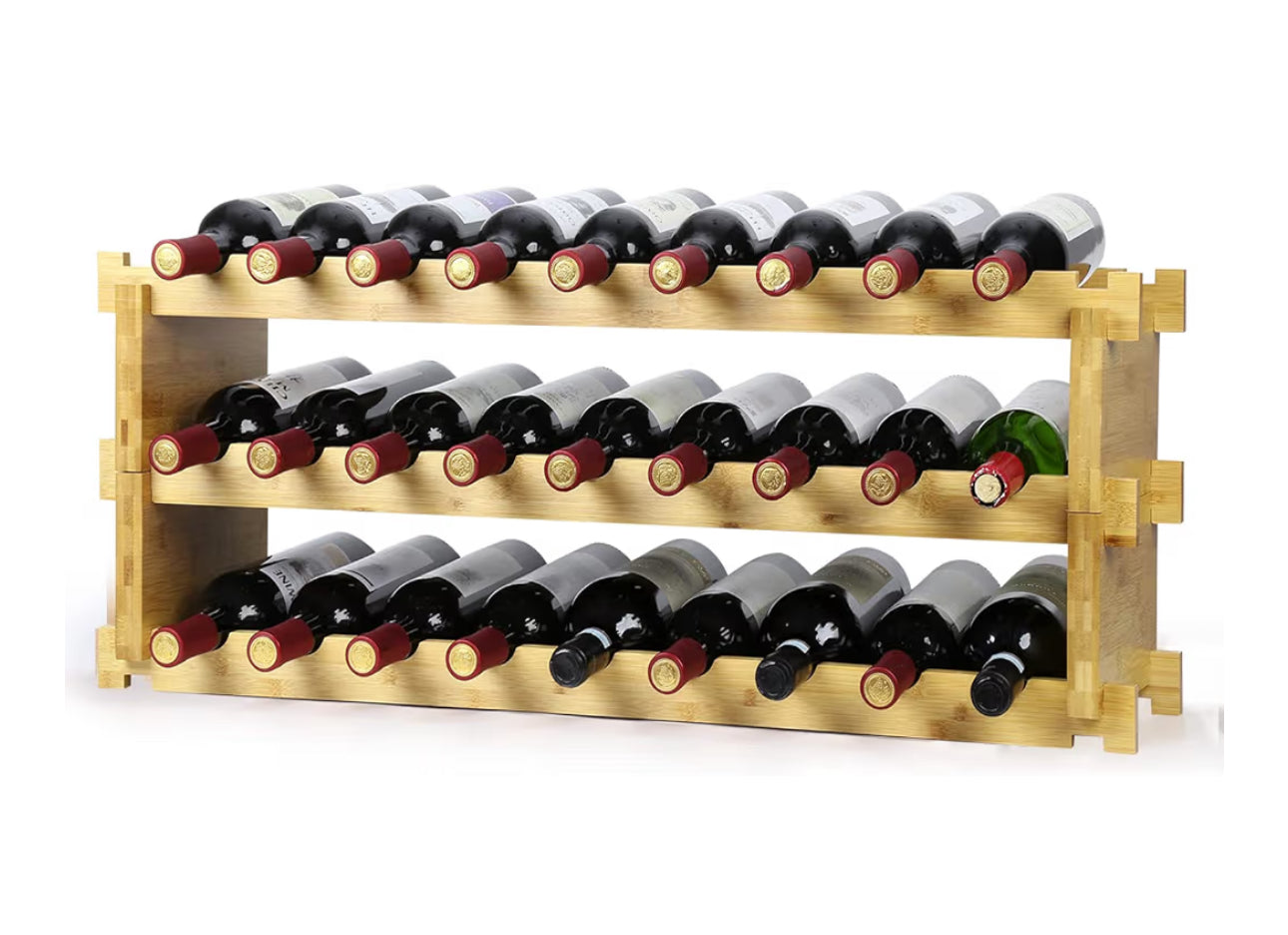 Finnhomy Wine Rack 27-Bottle 3-Tier Natural Bamboo Display Wine Storage Shelves Stackable Wine Bottle Holder