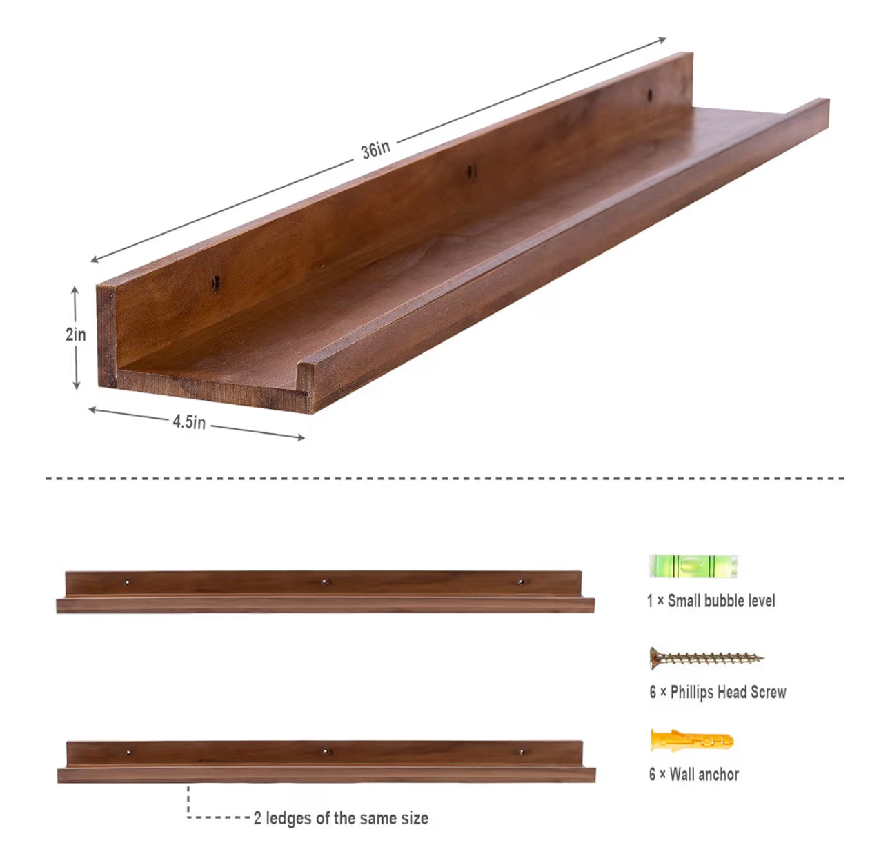 AZSKY Light Walnut Color Wood Wall Floating Shelves For Wall 36 Inch Bookshelf Wall Mount Picture Photo Frames Display Rack With Ledge Decorative Storage Shelves A Set Of 2