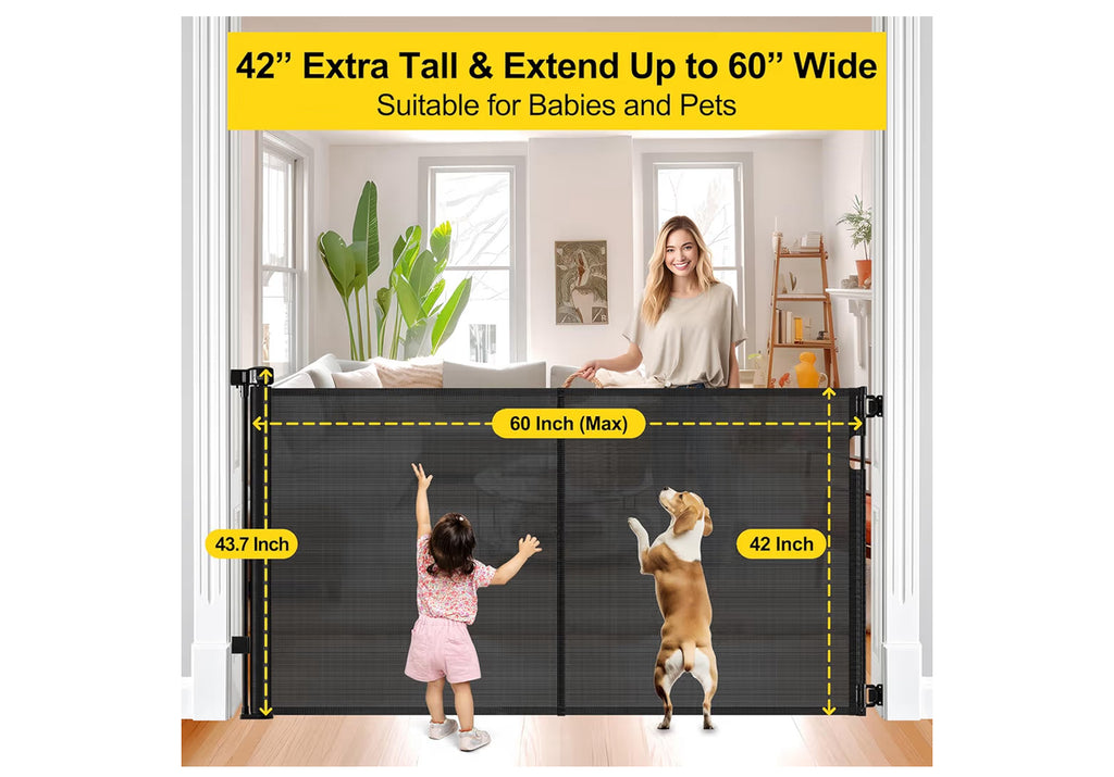 Reinforced 42” Extra Tall Retractable Baby Gates With Rods, Extends Up To 60” Wide, Tall Retractable Dog Gate For Doorways Prevent Crawling Through Mesh Pet Gate Indoor Outdoor, Black