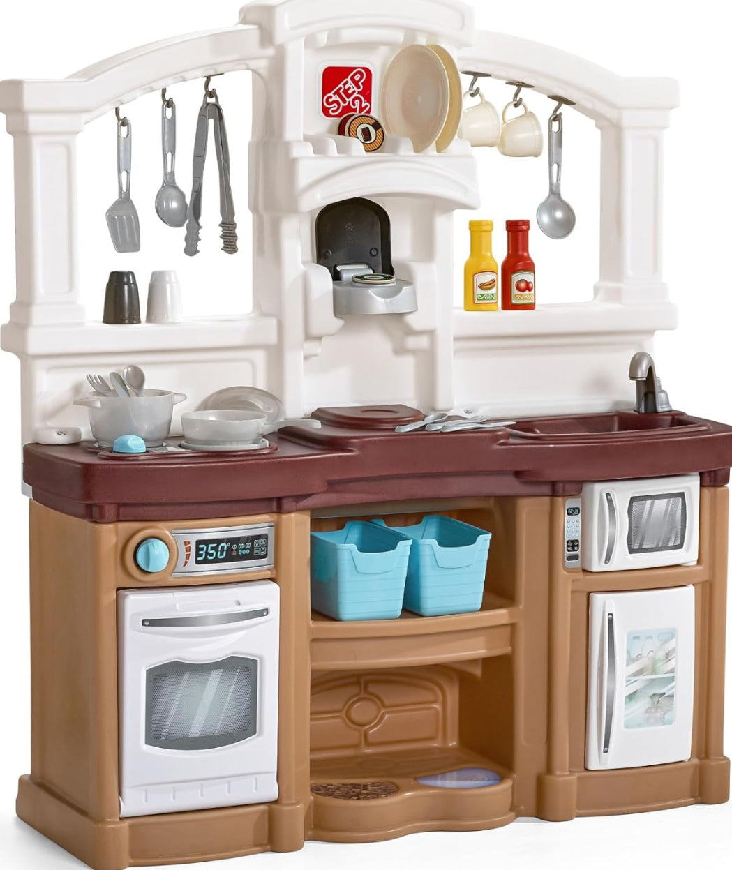 Step2 Fun With Friends Kids Kitchen Playset, Indoor/Outdoor Kitchenette, Interactive Play With Lights And Sounds, Durable Plastic, Includes 25 Piece Toy Accessories, Toddlers 2+ Years Old, Tan
