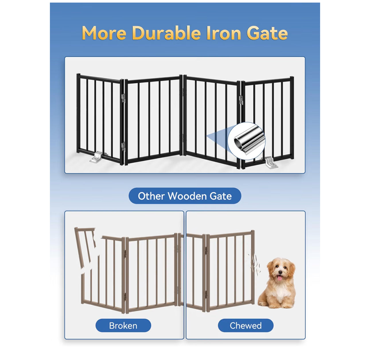 BFNN Metal Short Dog Gate, 16.5" High To Step-Over, Free Standing Foldable Pet Gate, Up To 72" Wide Puppy Fence For Stairs And Doorways, Indoor & Outdoor Use, No Drilling And No Assembly, Black