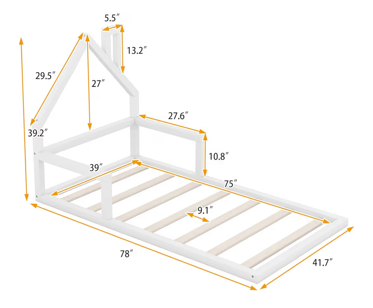 Twin Size Simple Floor Bed with House-Shaped Headboard,Wood Grounded Bed Frame,w/Slat Support,No Box Spring Required,for Kids Teens Girls Boys Bedroom,White