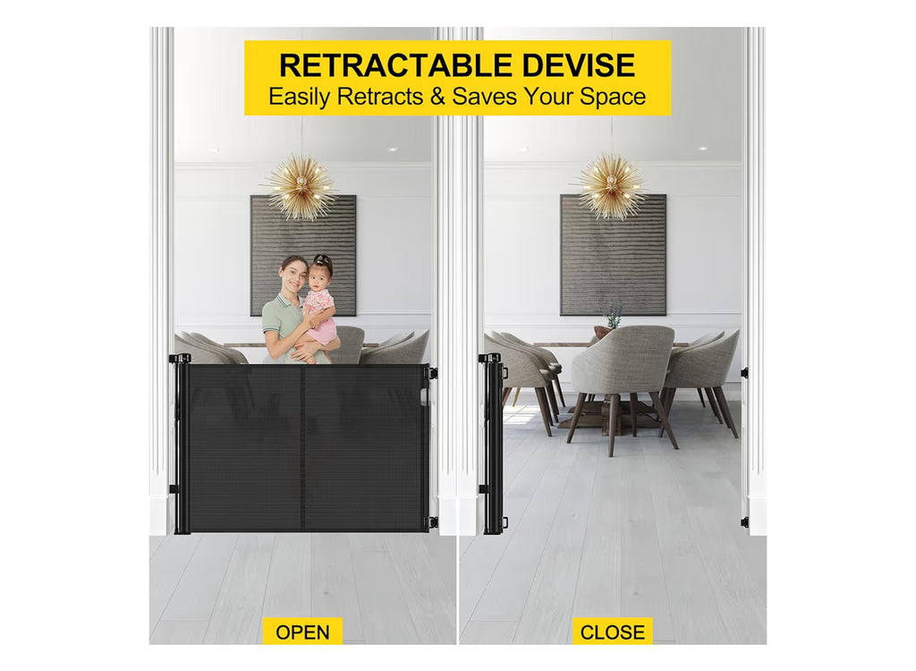 Reinforced 42” Extra Tall Retractable Baby Gates With Rods, Extends Up To 60” Wide, Tall Retractable Dog Gate For Doorways Prevent Crawling Through Mesh Pet Gate Indoor Outdoor, Black